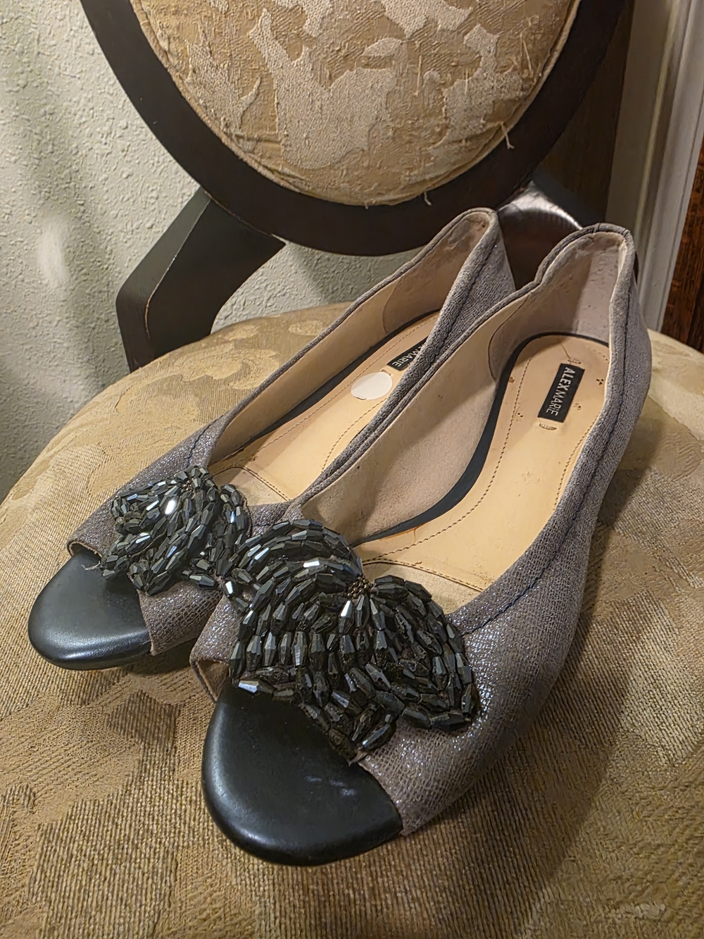 Alex Marie Gunmetal Beaded Peep-Toe Flats